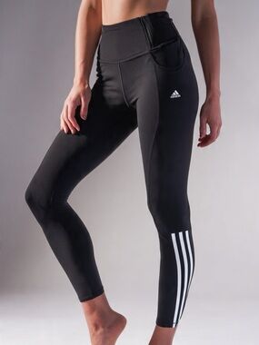 adidas Black High-Rise Athletic Leggings with White Stripe-A19